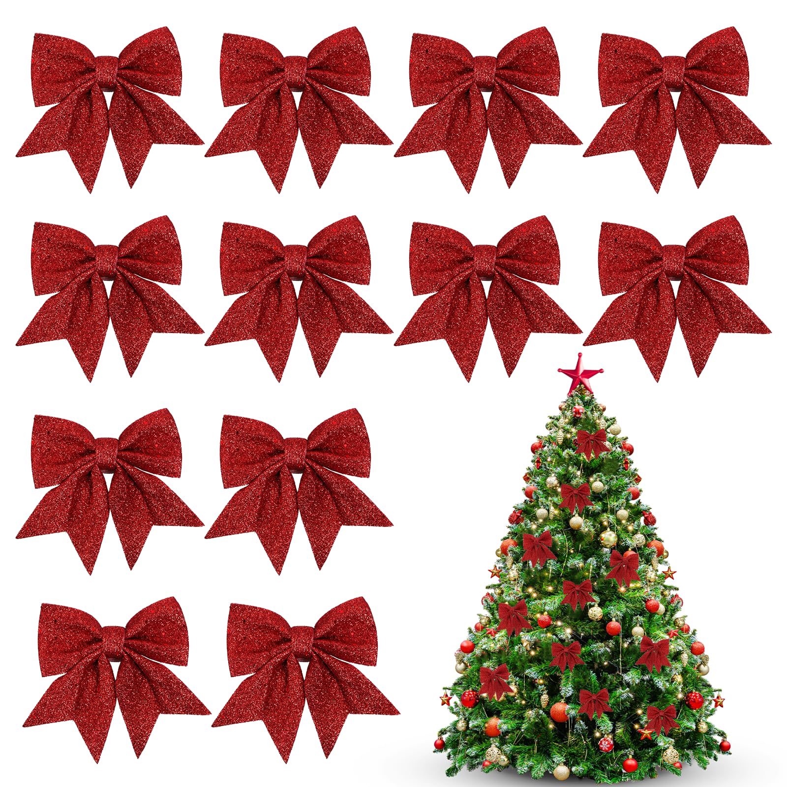 12pcs Red Bows for Christmas Tree,5.5 Inch Glitter Red Wreaths Bows Christmas Bows for Tree Decorations,Xmas Tree Bows,Sequin Bows Ties Ornaments for Christmas Tree,Wreaths,Garland Decorations