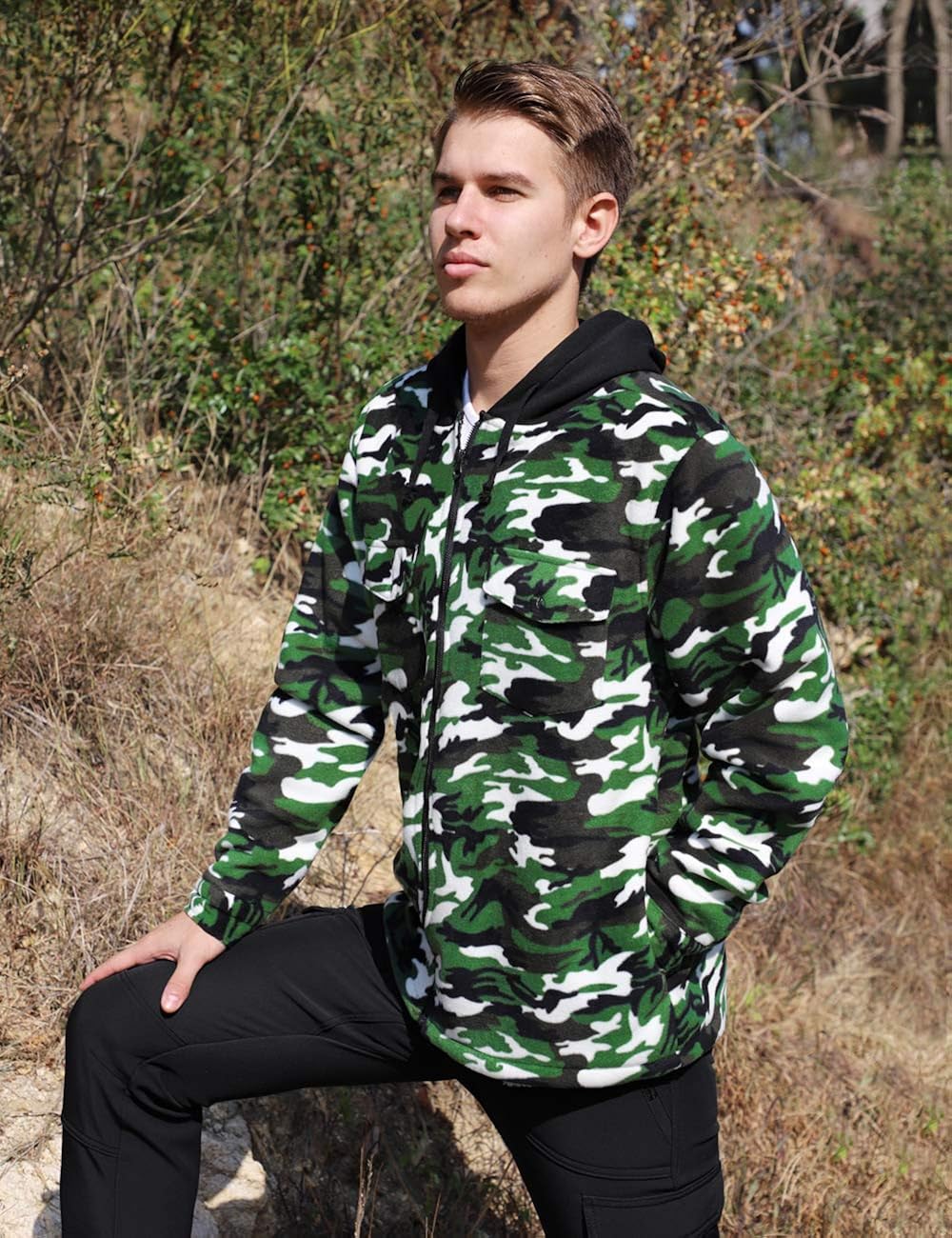 DISHANG Men's Hooded Fleece Jacket Warm Coat Full-Zip Military Army Camo Outerwear Tactical Outdoor Sweatshirts: Clothing