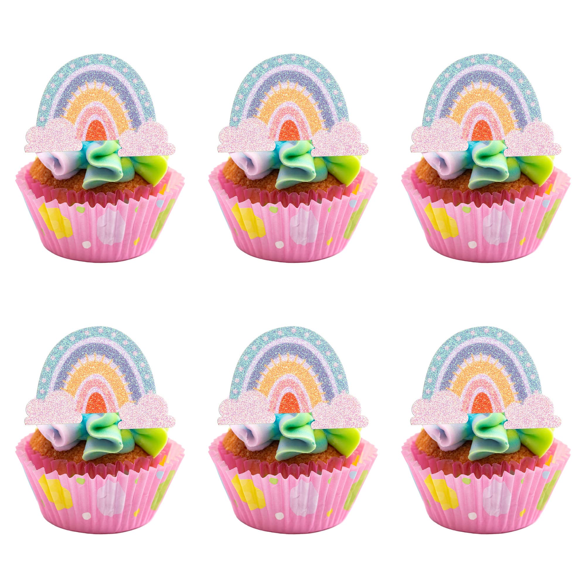 Gyufise 24 Pcs Rainbow Clouds Cupcake Toppers - Glitter Rainbow Cupcake Picks for Boys & Girls - Baby Shower & Birthday Party Decorations