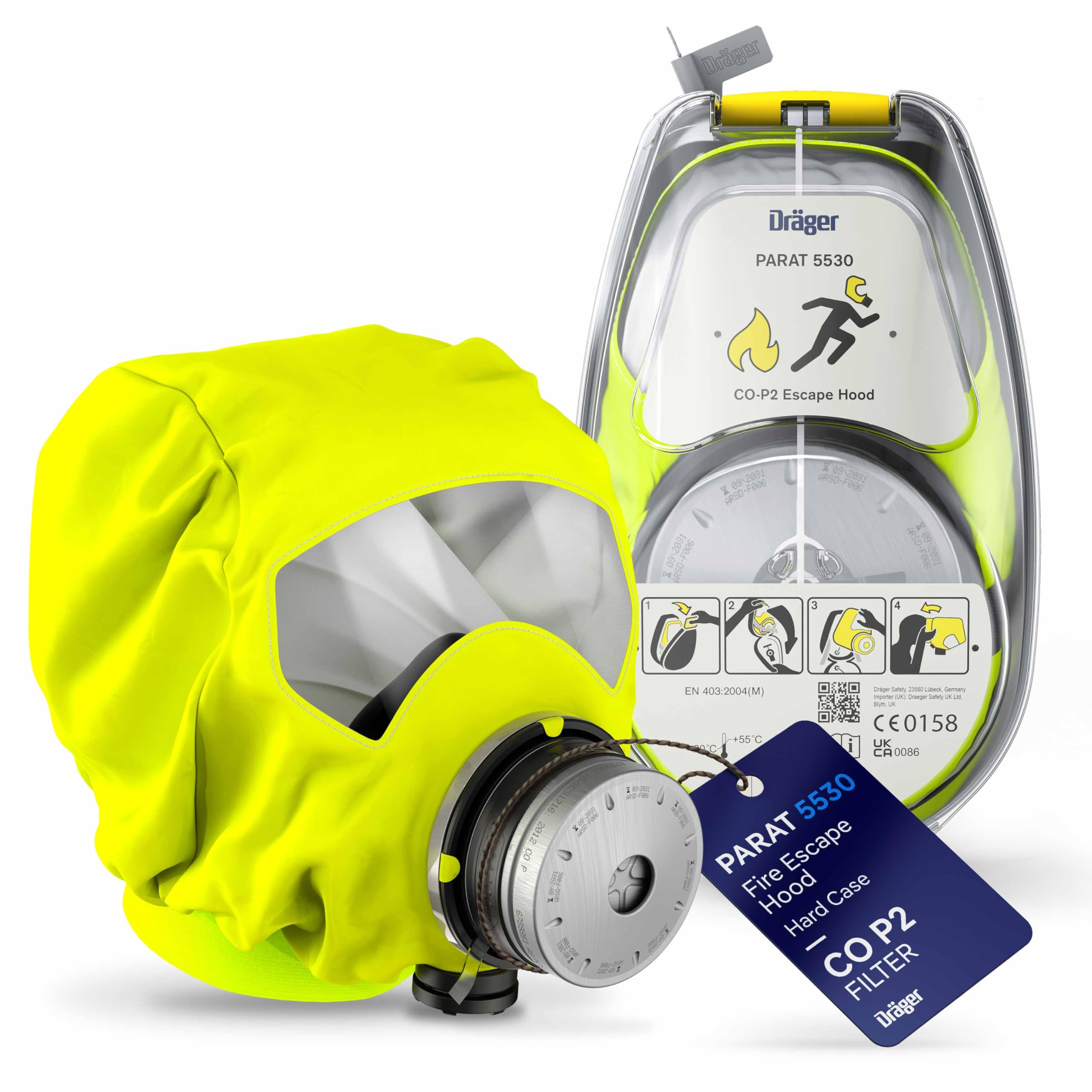 Dräger PARAT 5510, 5520, 5530 Fire Escape Hood Mask Emergency Escape Respirator with CO P2 Filter against Smoke, Vapour and Gas