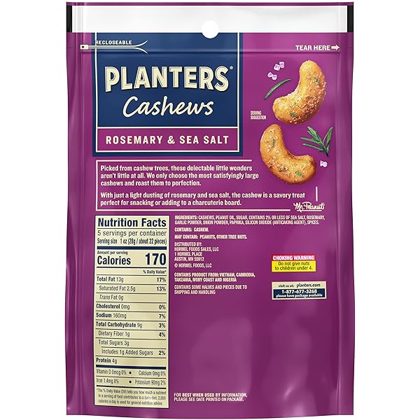 PLANTERS CASHEWS ROSEMARY & SEA SALT – TRAIL MIX SNACK PACKS – SNACK WITH ROSEMARY & SEA SALT, PARTY TRAIL MIX, 5 OZ BAG, PACK OF 1