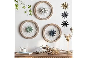 Paquesta 3 Piece Round Farmhouse Wall Decor with 6 Piece Interchangeable Flowers 12'' Medallion Wood & Metal Rustic Wall Art for Living Room Bedroom Kitchen Bathroom Dining Room Home Decorations