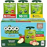 GoGo squeeZ No Sugar Added Applesauce &amp; Fruit Puree Variety Pack, 20 Count | Kids On The Go Fruit Snack with Apple, Strawberry &amp; Banana; 3.2 Oz Pouches, Gluten and Nut Free, Recloseable Cap, BPA-Free