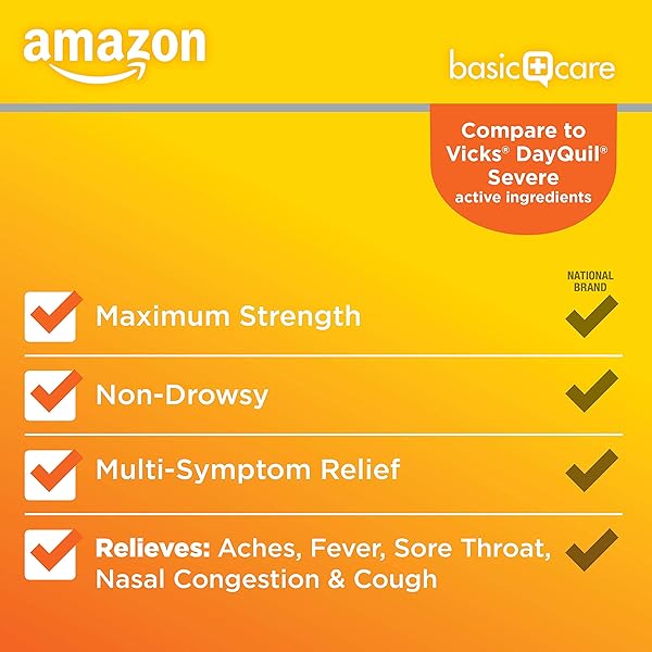 AMAZON BASIC CARE SEVERE DAYTIME COLD & FLU, MAXIMUM STRENGTH LIQUID MEDICINE, RELIEVES ACHES, PAIN, FEVER, COUGH, NASAL & CHEST CONGESTION, SORE THROAT, ORIGINAL FLAVOR, 8 FL OZ (PACK OF 1)