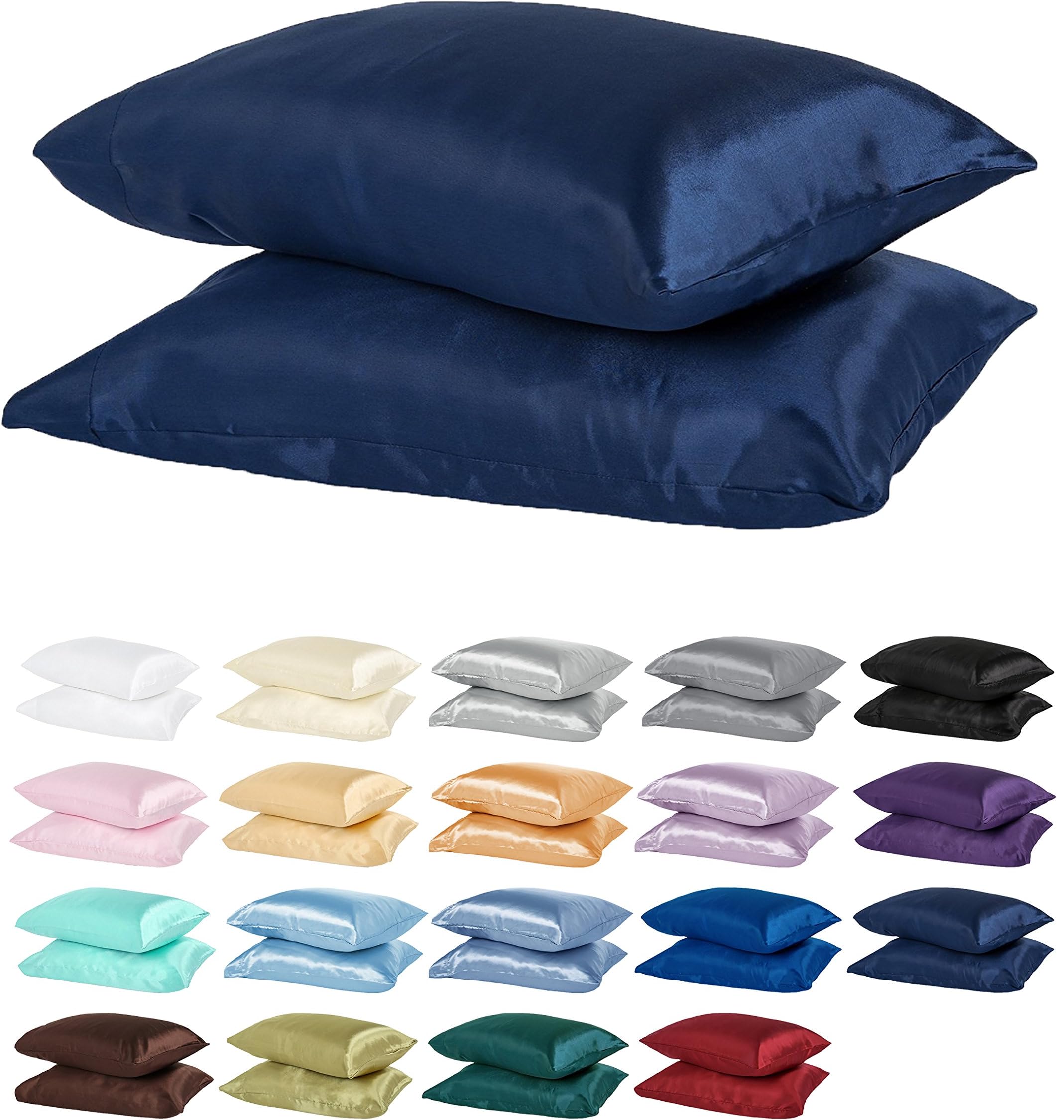 DreamHome Satin Pillow Case with Zipper, 2 Pillow Cases (Standard, Navy)