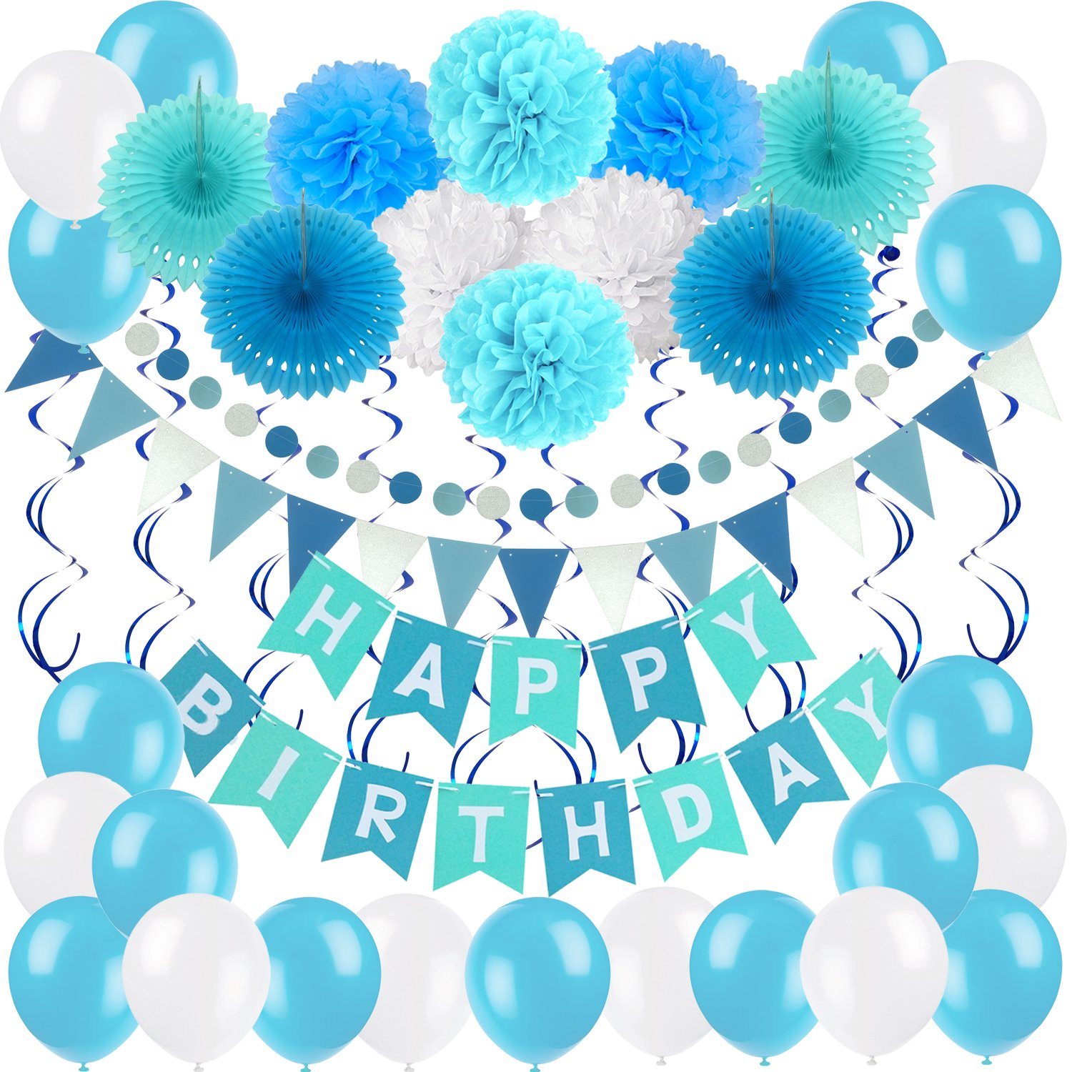 ZERODECO Birthday Party Decoration, Happy Birthday Banner with 4 Paper Fans Tissue 6 Paper Pom Poms Flower 10 Hanging Swirl and 20 Balloon for Birthday Party Decorations -Blue, Sky Blue and White