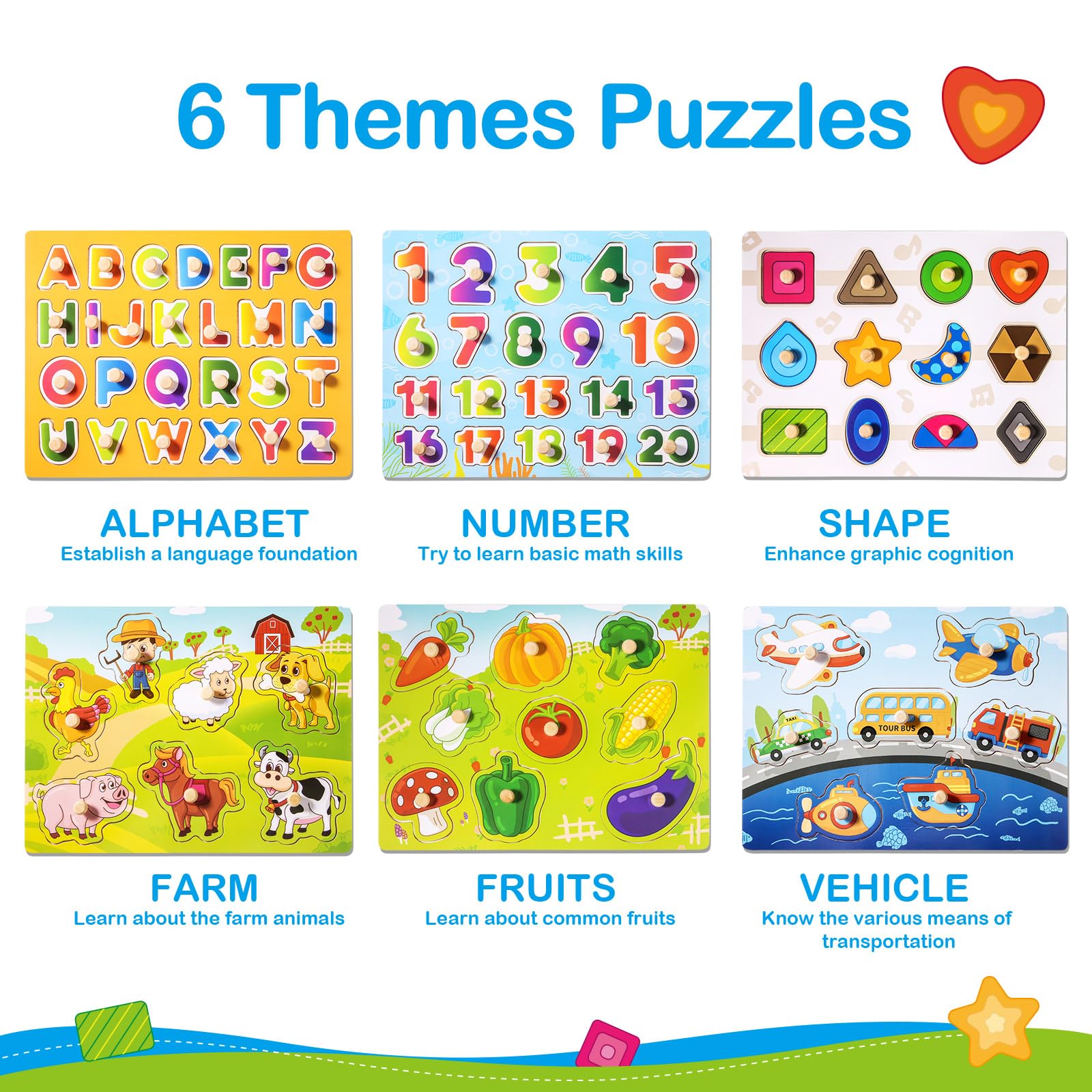 Wooden Puzzles for Toddlers 1-3, 6 Pack Peg Puzzles with Wire Puzzle Holder Rack for Kids, Learning Educational Puzzles for Baby Puzzles 12-18 Months, Alphabet Number Animal Vehicle Montessori Toys