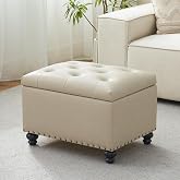 Zihanhome Leather Ottoman with Storage, Upholstered Button Tufted Ottoman Foot Rest, Foot Stools, 24" Rectangle Ottomans with Storage for Living Room, Bedroom, Dorms and Apartments (Beige-PU)