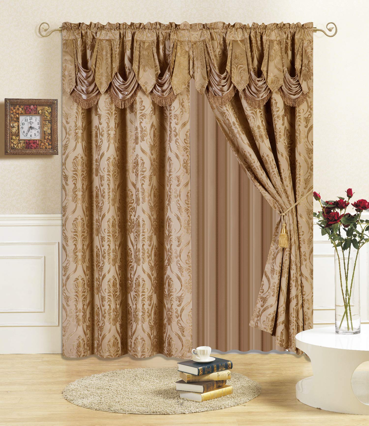 All American Collection New 4 Piece Drape Set with Attached Valance and Sheer with 2 Tie Backs Included (96" Length, Taupe)