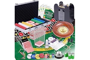 DIGNEW 5 in 1 Super Casino Game Set: Blackjack/Texas Hold'em/Roulette/Craps/Poker Kit, 10" Wooden Roulette Wheel, Carrying Case with 360 Plastic Chips, 6 Deck Shuffler, 2 Double-Sided Rubber Mat And More