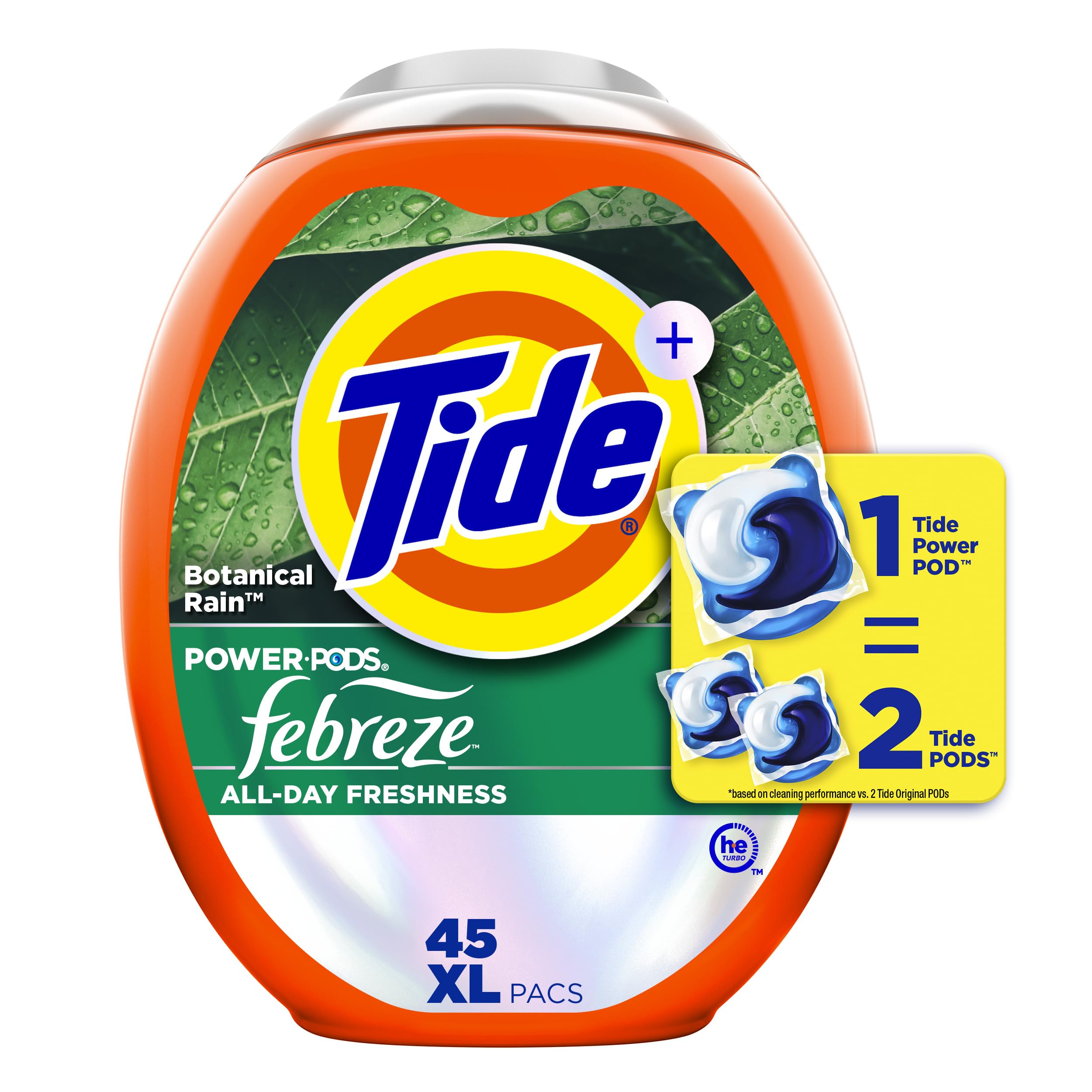 Tide Power Pods Laundry Detergent Pacs with Febreze Freshness with Odor Eliminators, Botanical Rain Scent, 45 Count