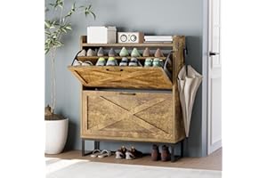 Chilihom Narrow Shoe Cabinet Storage for Entryway, Shoe Organizer with 2 Flip Drawers, Hidden Shoe Storage Slim Storage Cabinet with Metal Legs, Farmhouse Free Standing Shoe Rack Cabinet, Rustic Brown