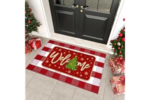 BUXJEXH Christmas Tree Outdoor Rug Set, Christmas Door Mat Combo Set, Welcome Mat + 28 x 43 inch Red White Buffalo Plaid Rugs, Checkered Christmas Trees Rug for Porch Entryway Winter Holiday Home Decor