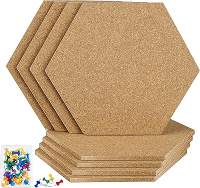TUPARKA 8 Pack Hexagon Cork Board Tiles 8.2"x7" Self-Adhesive with 50 Push Pins