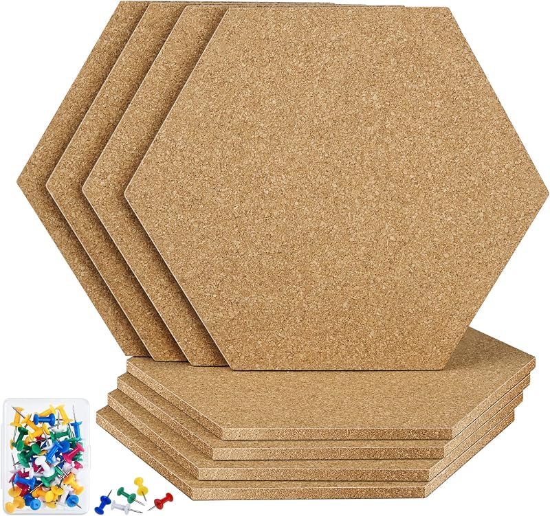 TUPARKA 8 Pack Hexagon Cork Board Tiles 8.2"x7" Self-Adhesive with 50 Push Pins