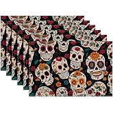 Sugar Skull Floral Placemats Set of 6, Washable Heat Resistant Table Mat Linen Place Mats for Party Kitchen Dining Home Decor 12x18 Inch
