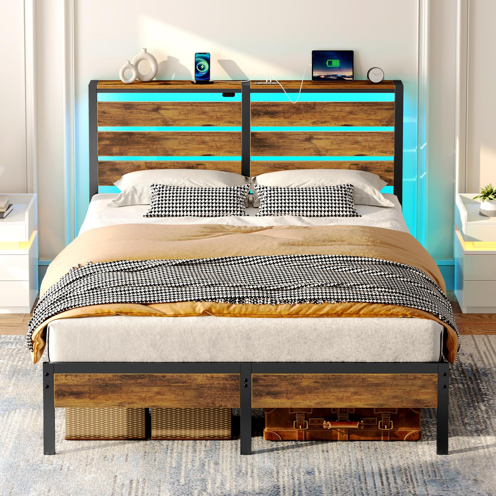 Rolanstar Bed Frame Queen Size with USB Charging Station, LED Bed Frame with Wood Storage Headboard, Rustic Brown Metal Platform Bed with Under Bed Storage, No Box Spring Needed, Noise Free Image