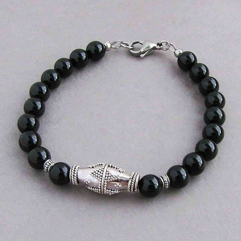 8mm Black Onyx Gemstone Bracelet for Men, Sterling Silver Accents, Beaded