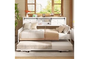 Homieasy Daybed with Trundle, Farmhouse Twin Day Bed with Bookcase Headboard and Charging Station, Heavy Duty Metal Sofa Bed Frame with Pop-up Trundle Bed for Living Room, Bedroom, White