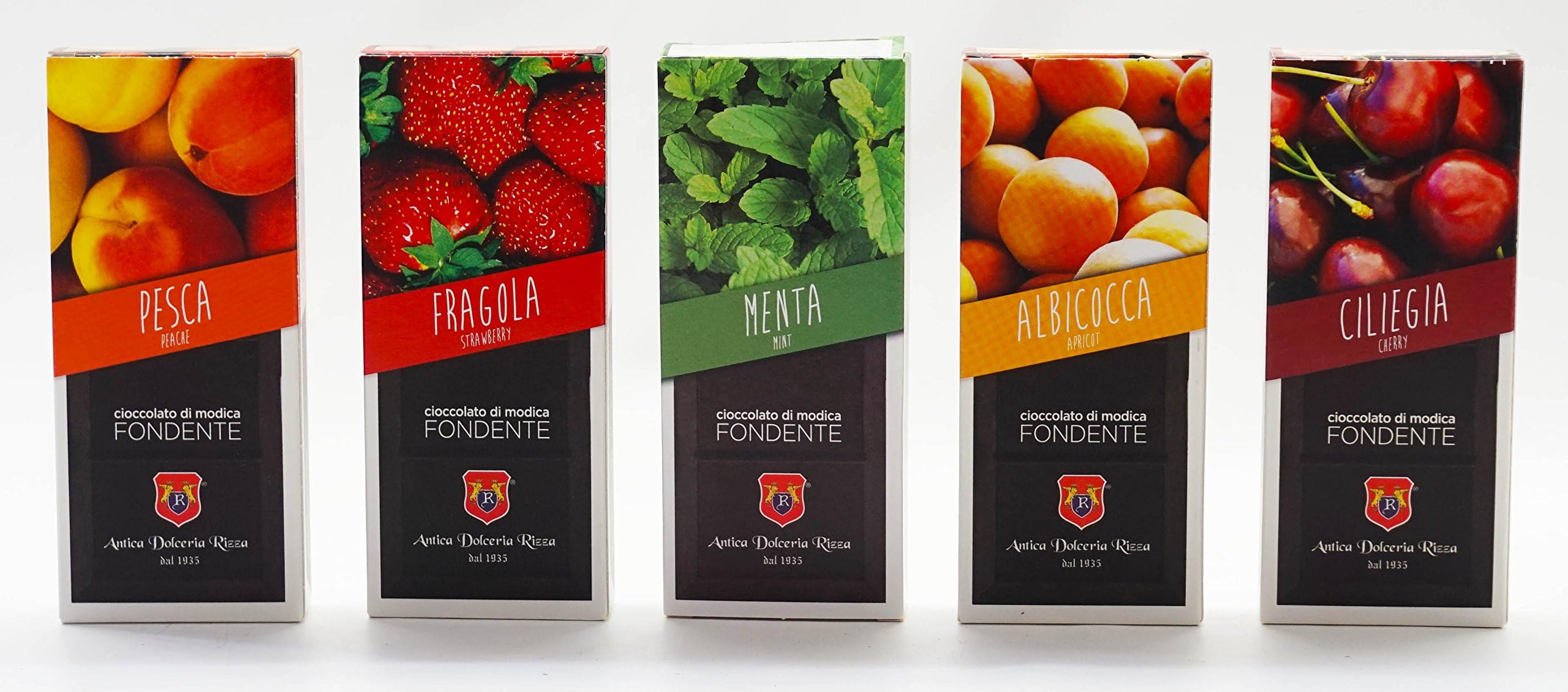Antica Dolceria Rizza: Modica Chocolate, Set of 5 Different Flavors (Apricot, Cherry, Mint, Peach, Strawberry) [ Italian Import ]
