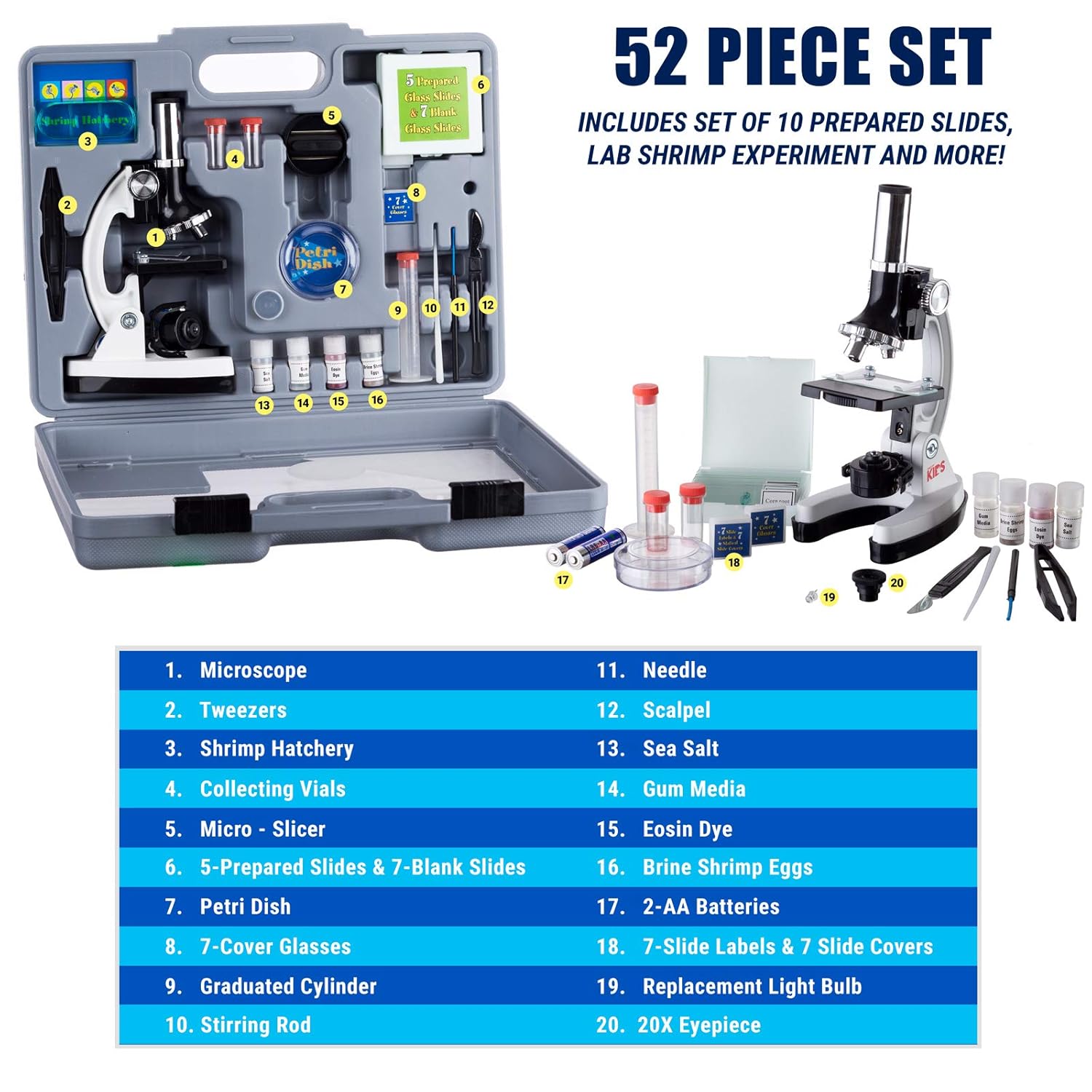 AmScope 120X-1200X 52-pcs Kids Beginner Microscope STEM Kit with Metal Body Microscope, Plastic Slides, LED Light and Carrying Box (M30-ABS-KT2-W),White: Industrial & Scientific