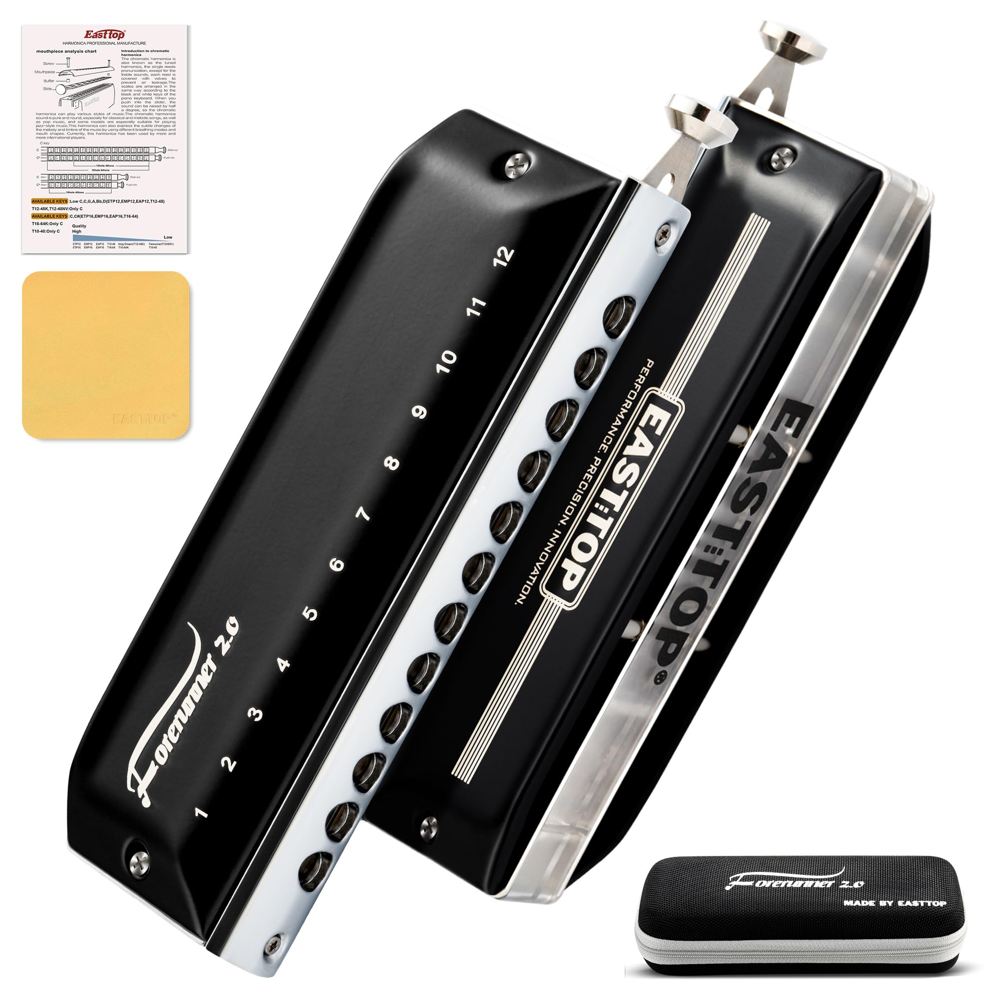 EAST TOP Updated FORERUNNER 2.0 without valves Chromatic Harmonica 12-Hole 48 Tones C Key Chromatic Mouth Organ Harmonica for Adults,Beginners and Students