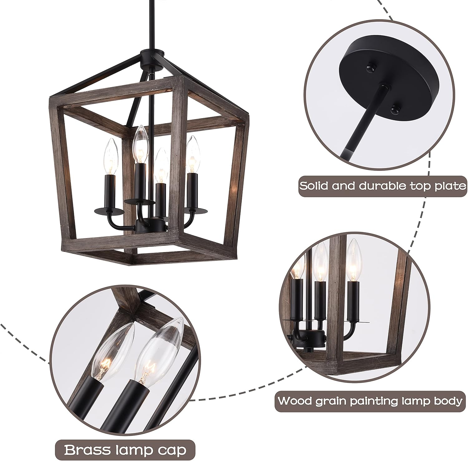 4-Light Chandelier Rustic Metal Pendant Light, Adjustable Height Lantern Hanging Light with Wood Finish, Farmhouse Lighting Fixtures for Living Room, Kitchen, Hallway and Entryway. - - 