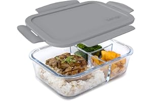 Bentgo Glass (Gray) – Leak-Proof, 3-Compartment Oven-Safe Glass Lunch Container | Ideal for Portion-Control, Food Storage & H