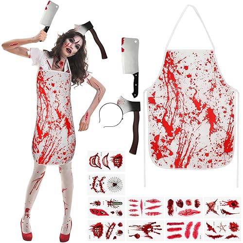 Beipegin Butcher Halloween Costume Bloody Apron Knife Headband Scar Tattoo Stickers Scream Fancy Dress Halloween Costume for Mens Womens