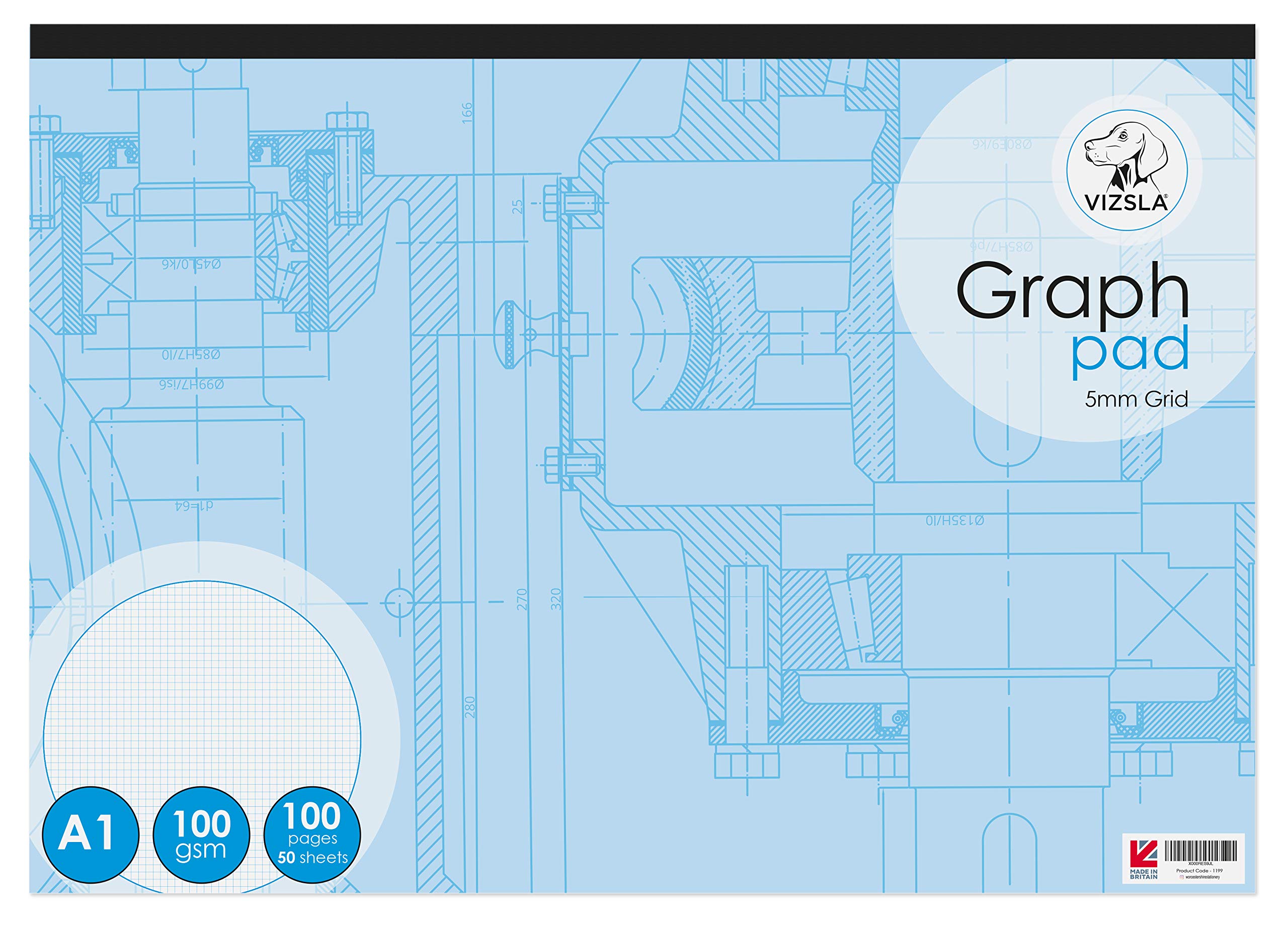 Vizsla, A1 Graph pad, Landscape, 50 Sheets (100 Pages), 5mm Grid, 100gsm Paper