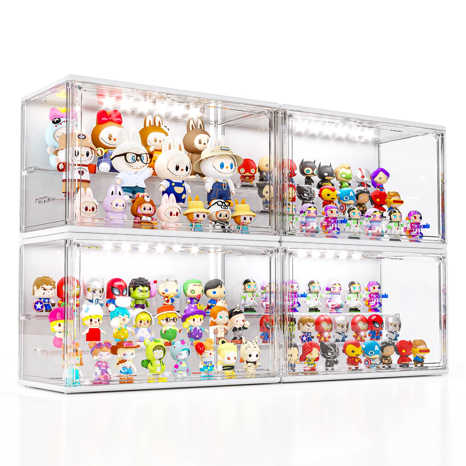 Photo 1 of Acrylic Display Case for Collectibles with LED Light, 3 Layer Adjustable Figure Display Case with Magnetic Door, Lighted Display Box Stackable Clear Blind Box for Action Figure, Popmart, 4 Pack