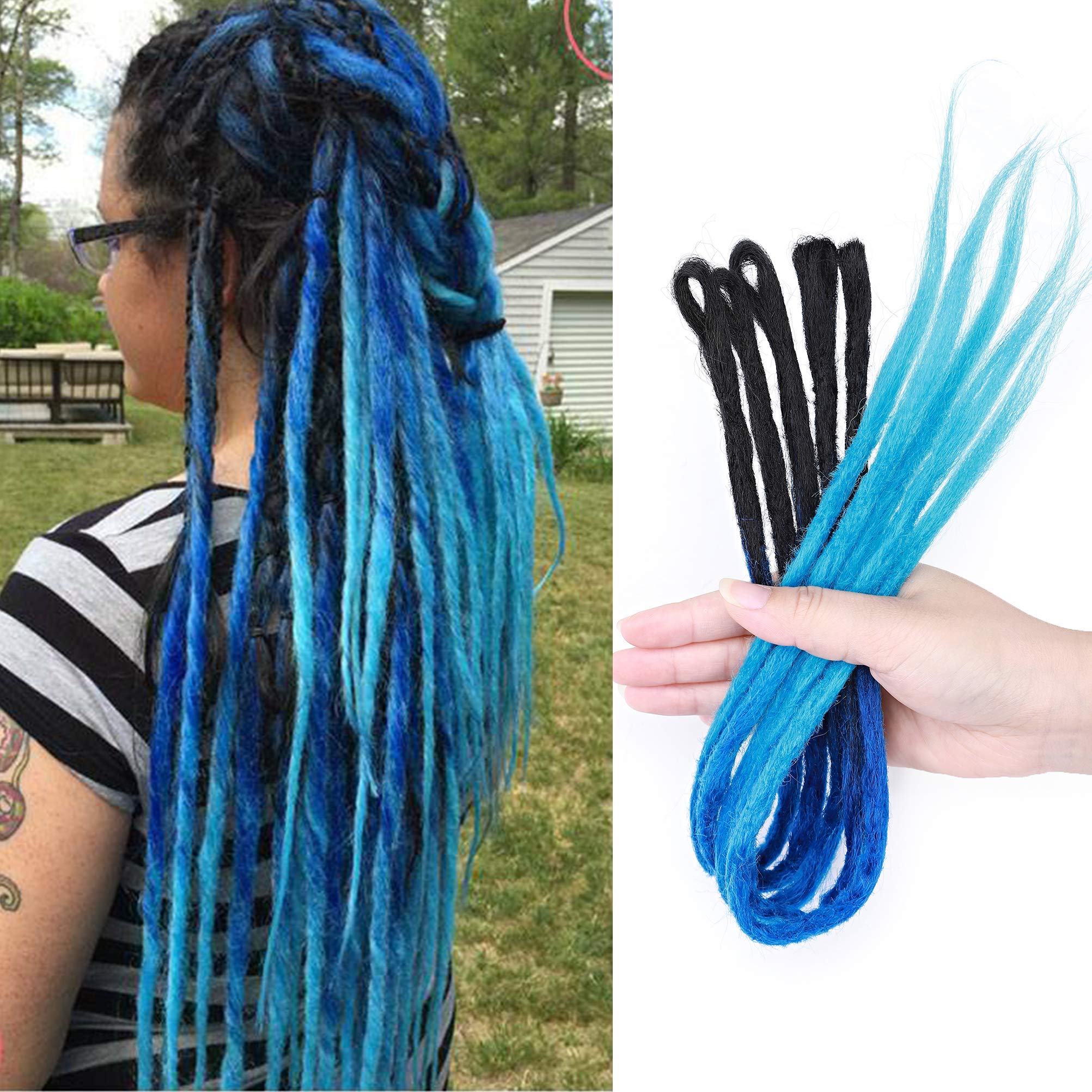 24 Inch Ombre Dreadlock Extensions for Women Men Bicolor Synthetic Handmade Dread Extension Long Single Ended Hippie Style Reggae Hair 5pcs - Black to Dark Blue to Light Blue