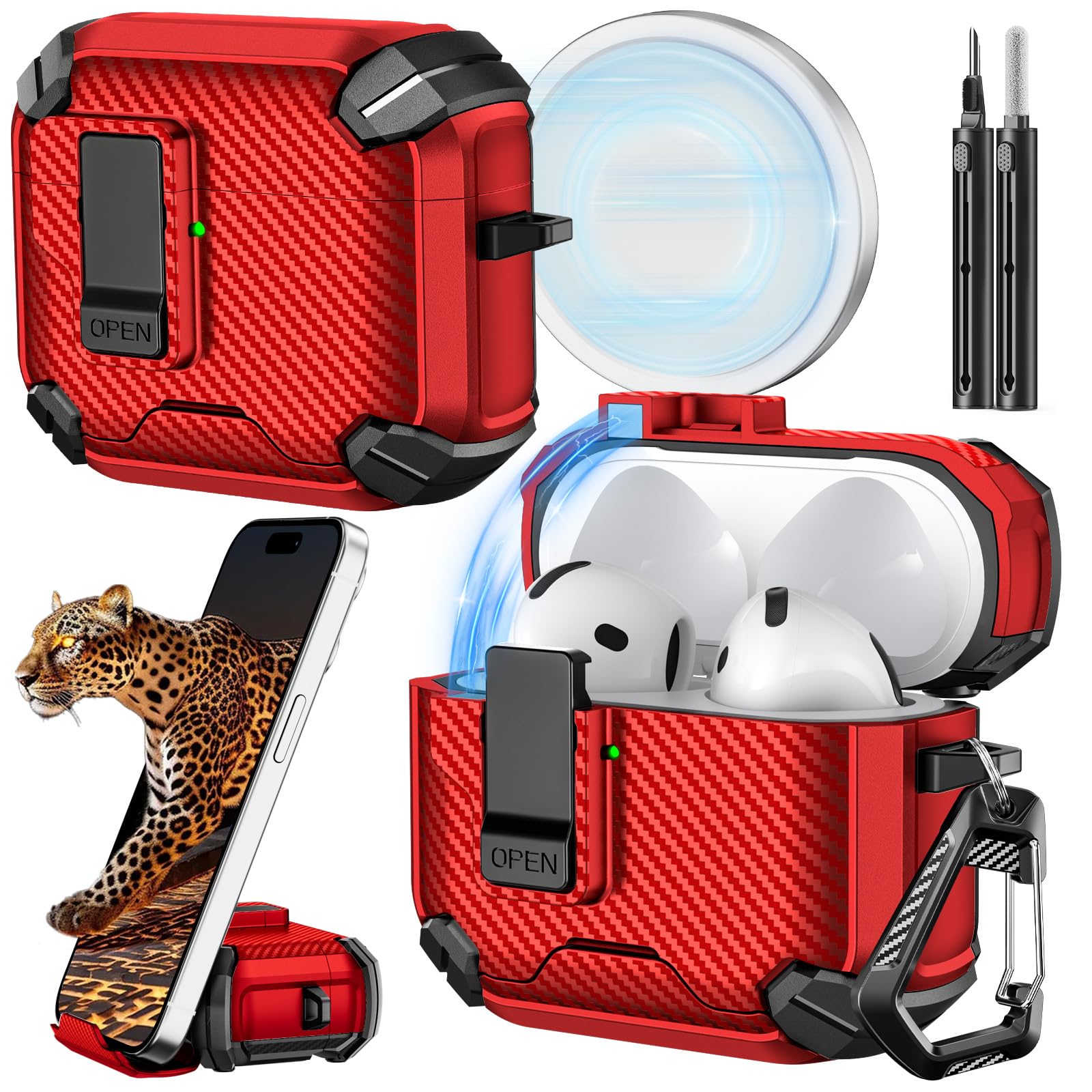 Photo 1 of Inesore Compatible with AirPods 4th Case with Phone Stand & Cleaning Kit,Compatible with Magsafe,Magnetic Automatic Lock for Airpods 4 with Active Noise Cancellation Charging Cover (2024) (red)