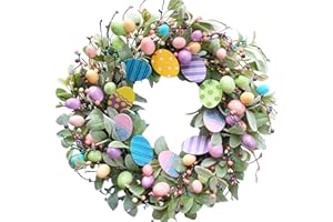 Egolot 20 Inch Spring Easter Eggs Wreath with Lamb Ears Leaves for Front Door, Glitter Eggs Green Leaves Door Wreath with Berries for Indoor and Outdoor, Easter Egg for Home Decor