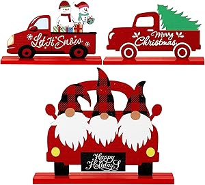 3 Pieces Christmas Table Decorations Signs Truck Santa Snowman Christmas Tree Wooden Table Decorations Xmas Table Signs for Holidays Christmas Dinner Party Coffee Table