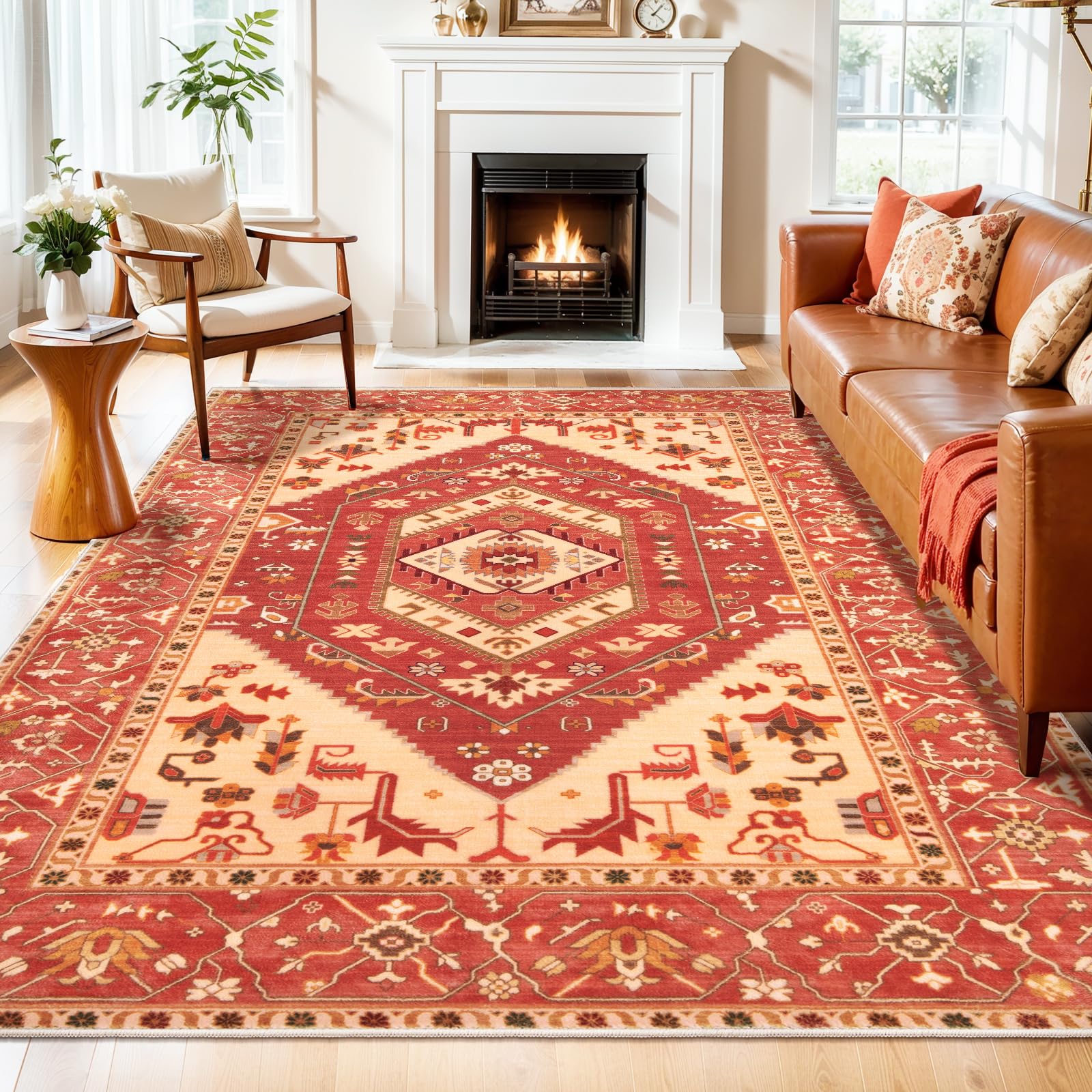 SERISSA 6x9 Area Rugs for Living Room, Large Washable Non-Slip Boho Rug, Ultra Soft Vintage Red Beige Oriental Tribal Print Distressed Carpet for Dining Room Bedroom Dorm Office Home Decor Image