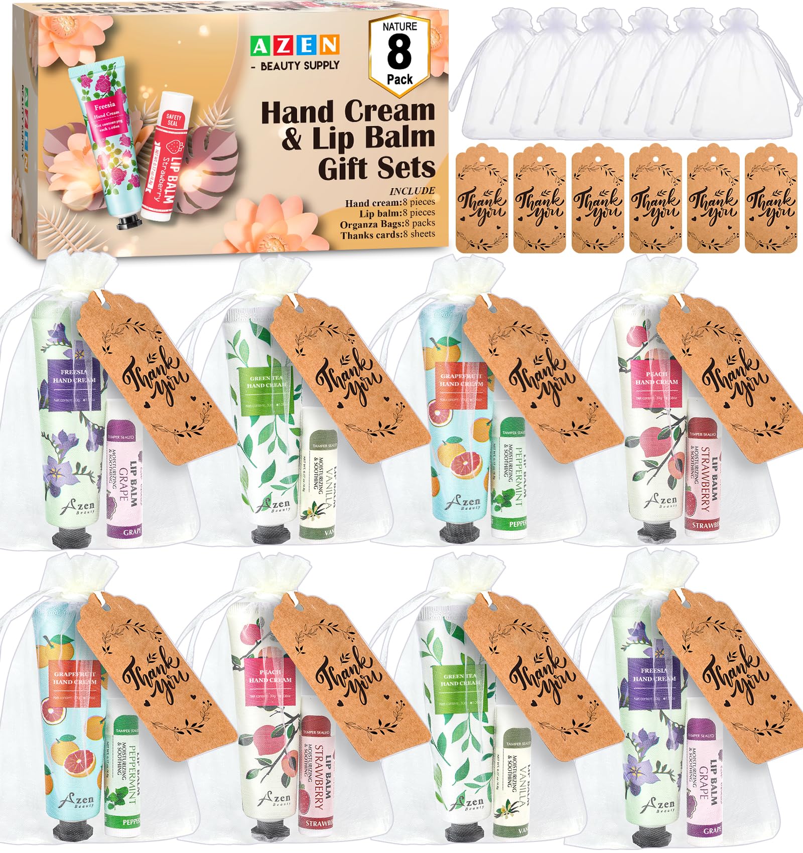 Photo 1 of AZEN 8 Sets Bulk Gifts, Hand Cream and Lip Balm Bulk Set with Organza Bag Thank You Card, Baby Shower Wedding Gifts for Guests, Bridal Wedding Favors for Guests,Thank You Gifts for Women