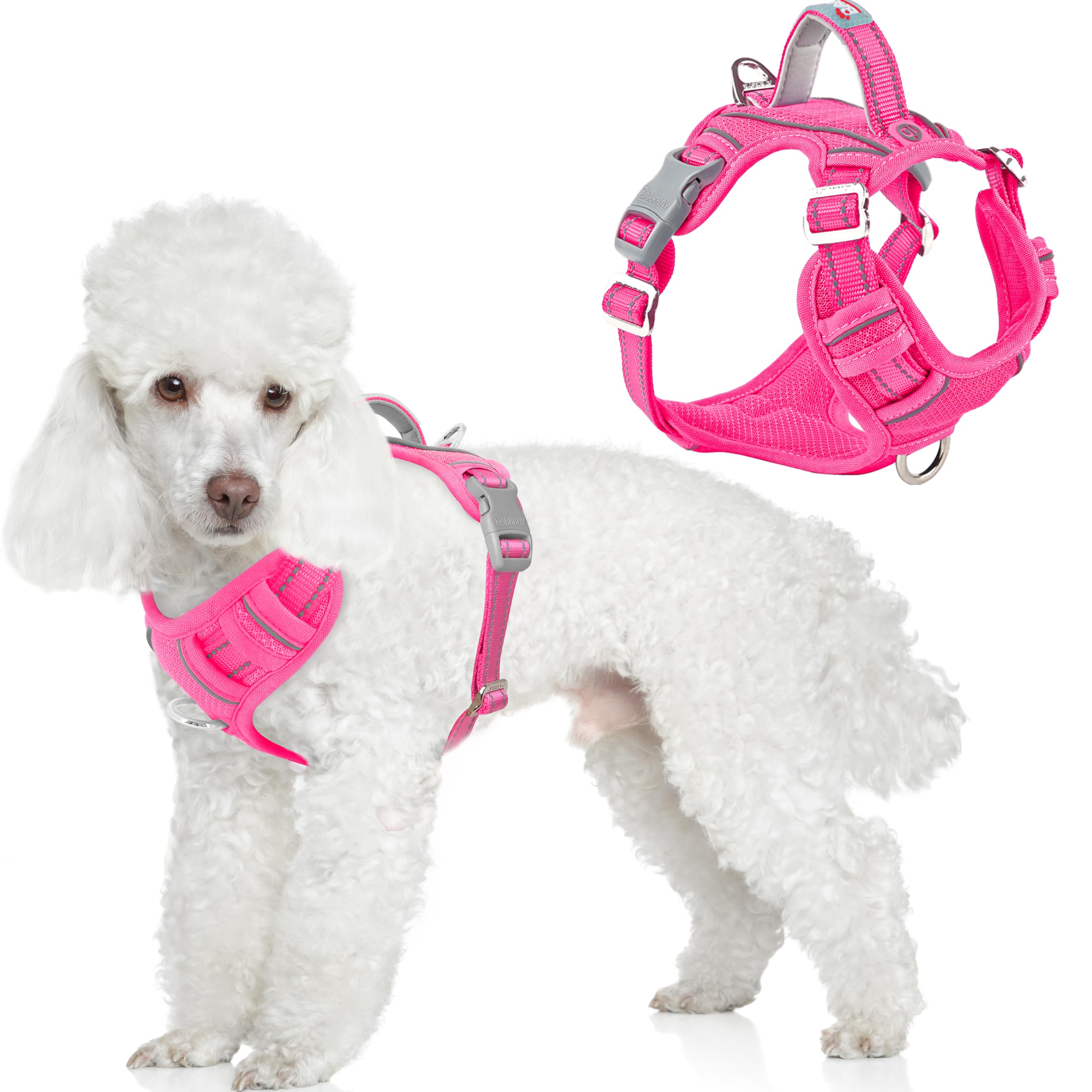 BARKBAY No Pull Dog Harness Front Clip Heavy Duty Reflective Easy Control Handle for Large Dog Walking with ID tag Pocket(Pink,S)