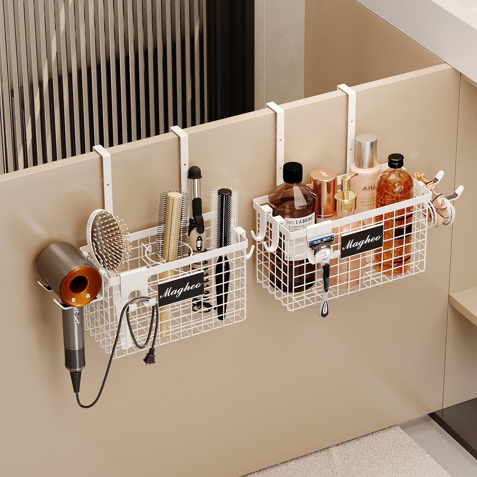 Photo 1 of Magheo 2 Pack Hair Tool Organizer,Adhesive Hair Dryer Holder Cabinet Door/Wall Mounted Adjustable Height Blow Dryer Holder Under Sink Bathroom Hair Appliance Organizer and Storage Countertop(White)