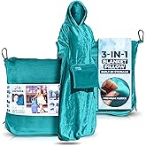 ZAZYAMA 3-in-1 Travel Blanket Airplane – Compact with Bag & Pillow Combo Set, Ultra-Soft Fleece | Packable Blanket Compact | Hidden Pocket | Trolley Sleeve | Carabiner | Travel Essentials (Aqua Teal)