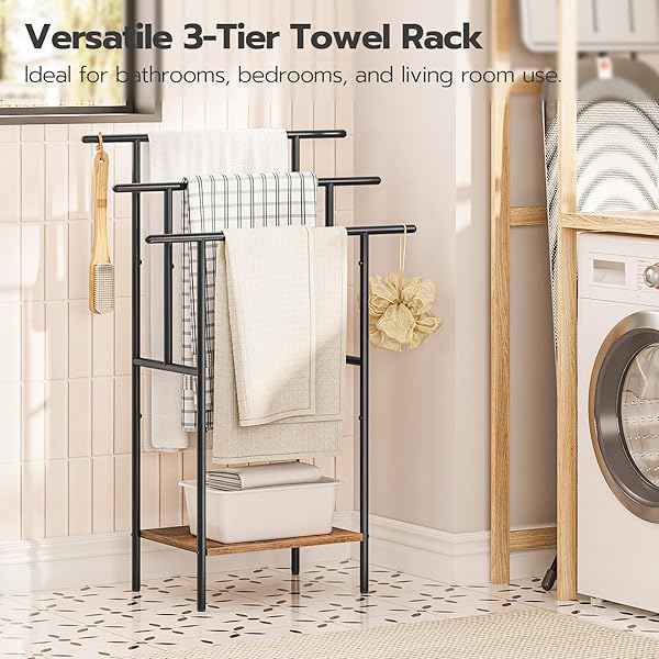 HOOBRO 39.4″ TALL FREESTANDING TOWEL RACK FOR BATHROOM, 3 TIER STEPPED BLANKET RACK WITH SHELF, OVERSIZED BATH TOWELS DRYING AND DISPLAY RACK, BLACK AND RUSTIC BROWN BF50LB01