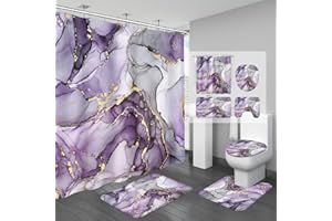 BayNook 4PCS Purple Gold Marble Bathroom Sets with Shower Curtain and Rugs, Abstract Gold Shower Curtain Sets with Rugs, Modern Bathroom Curtains Shower Set with Toilet Lid Cover