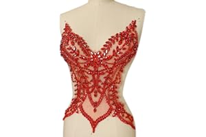 SUCCI SHAN Rhinestones Beaded Bodice Applique Glass Patch Easy to use for Wedding Evening Dance Dress Decoration (Red)