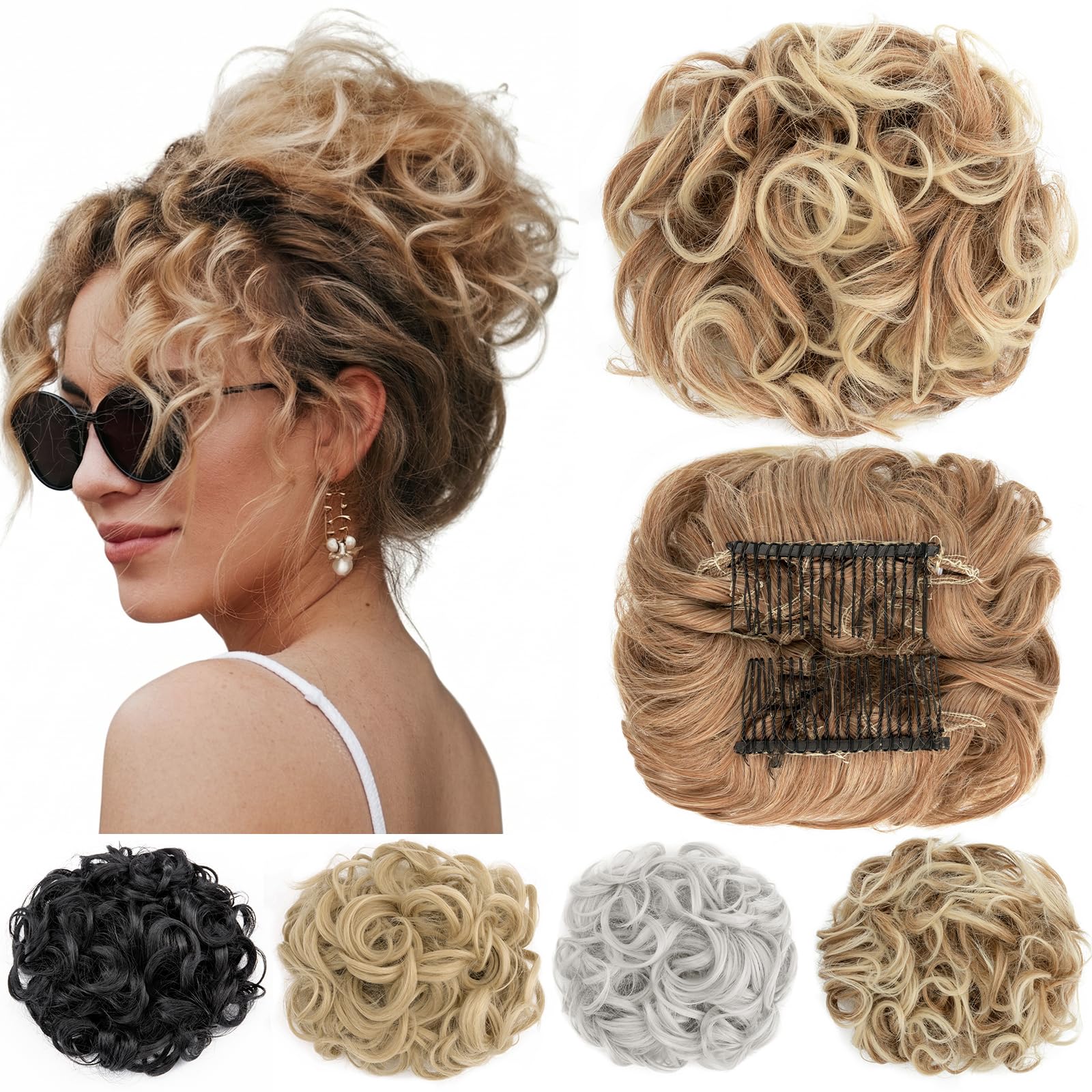 Short Messy Curly Dish Hair Bun Extension Easy Stretch hair Combs Clip in Ponytail Extension Scrunchie Chignon Tray Ponytail Hairpieces Light Auburn mix Bleach Blonde