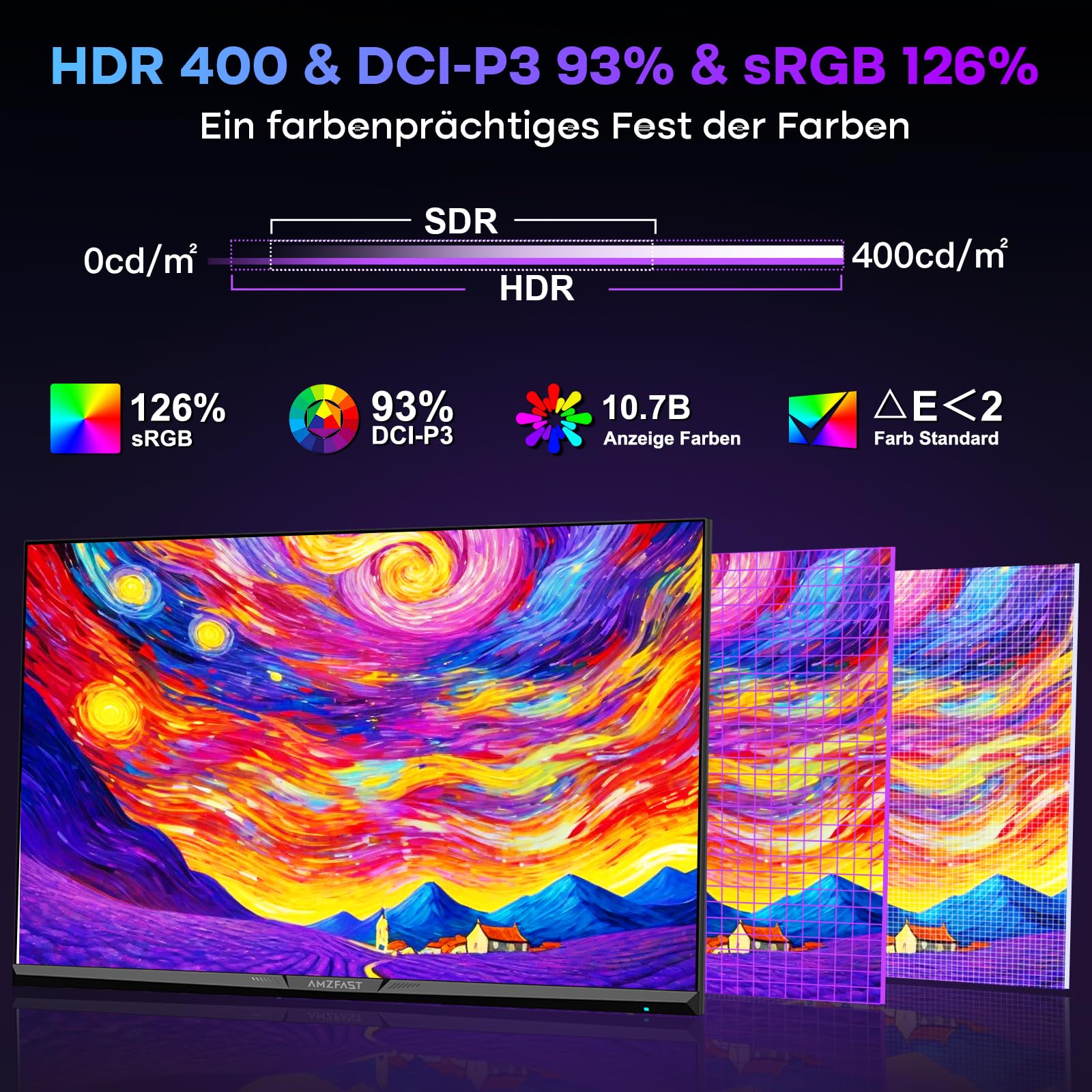 Amzfast Gaming Monitor 27 Zoll 4K mit Dual-Mode, UHD 160Hz/FHD 320Hz, Fast IPS Monitor, 1ms MPRT, Höhenverstellbar, HDR 400, sRGB 126%, HDMI 2.1, DP 1.4, PBP/Pip, Adaptive Sync - AMZG27F6U 4