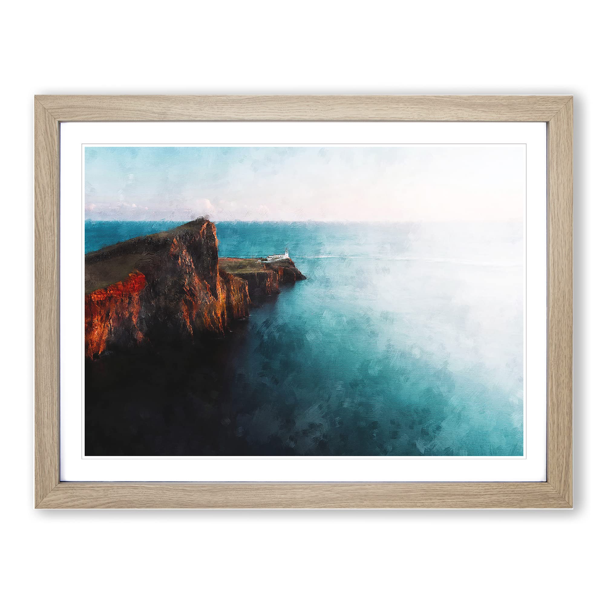 Neist Point Lighthouse Isle Of Skye Painting Modern Art Framed Print | A4 Oak Framed Wall Art | Ready to Hang | Modern Cityscape Picture | Living Room Bedroom Lounge Office