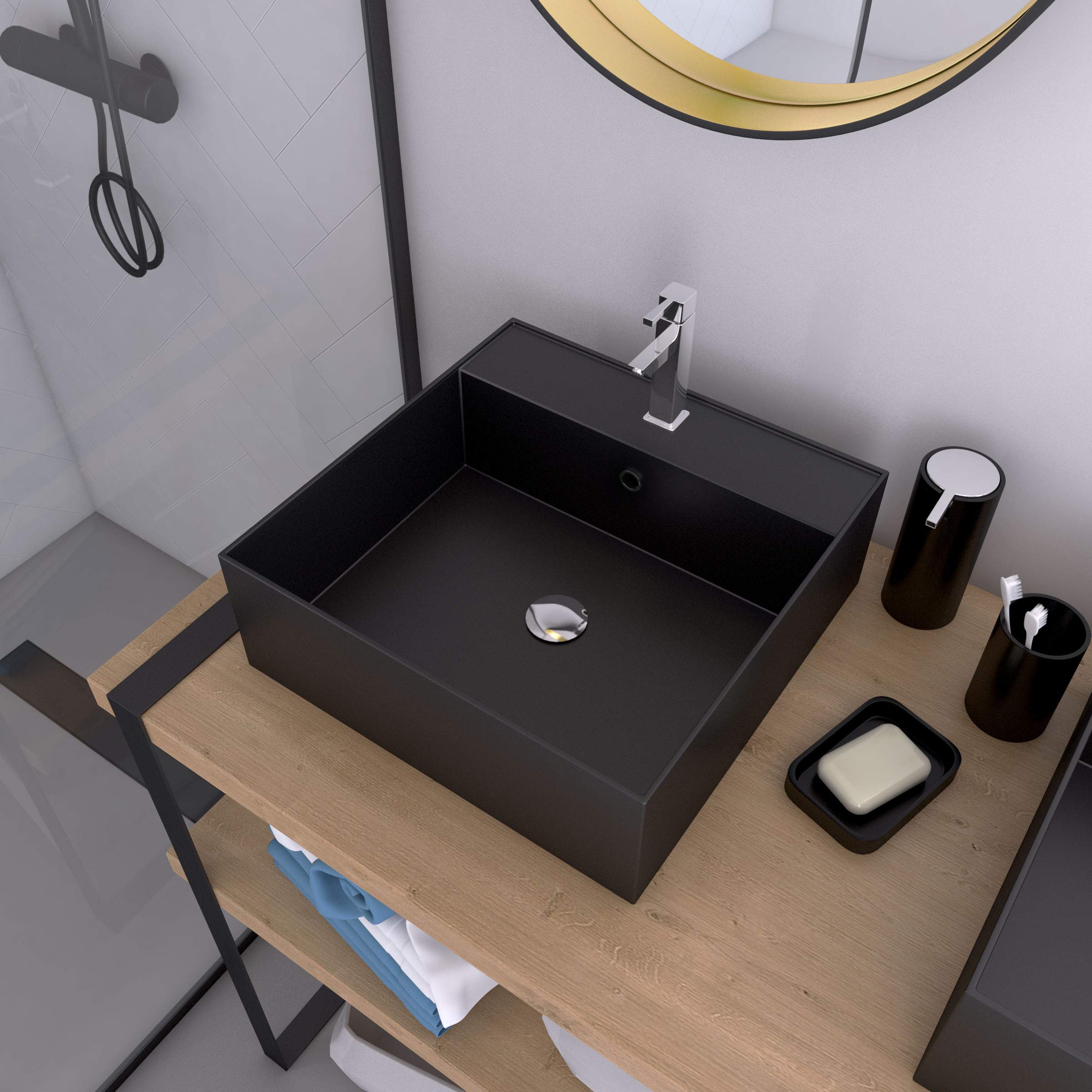Squary Dark Square Ceramic Basin Sink 41 x 41 x 15 cm Black