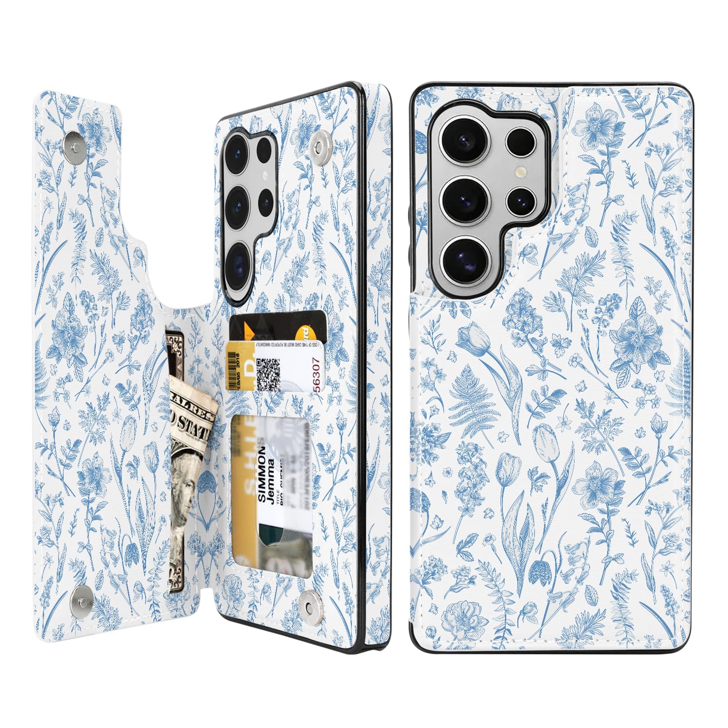 uCOLOR Wallet Case for Samsung Galaxy S25 Ultra Wallet Case with Card Holder,Flip Folio Leather Wallet Case Protective Cover (Blue Toile Flowers)