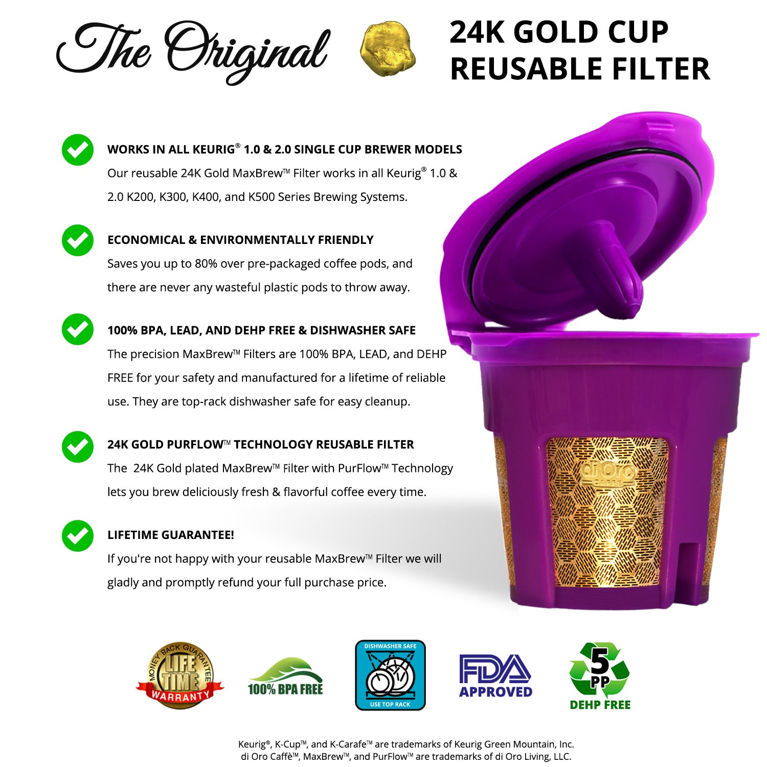 DI ORO - MaxBrew 24K GOLD K-Cup Reusable Filter for Keurig 2.0/1.0 Small Single K-Cup
