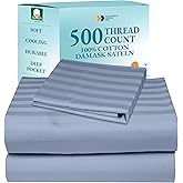 California Design Den Bed Sheets Twin Size, Soft 100% Cotton Sheets Deep Pockets Elastic, 500 Thread Count Sateen, Damask Stripe Bedding Sheets Twin Sheets (Light Blue - Striped)